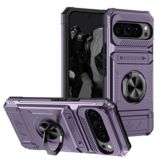 For Google Pixel 9 Pro XL TPU Hybrid PC Shockproof Card Phone Case with Metal Ring Holder(Purple) by buy2fix