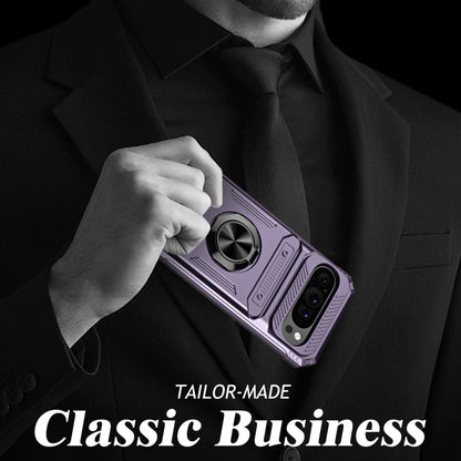 For Google Pixel 9 Pro XL TPU Hybrid PC Shockproof Card Phone Case with Metal Ring Holder(Purple) by buy2fix