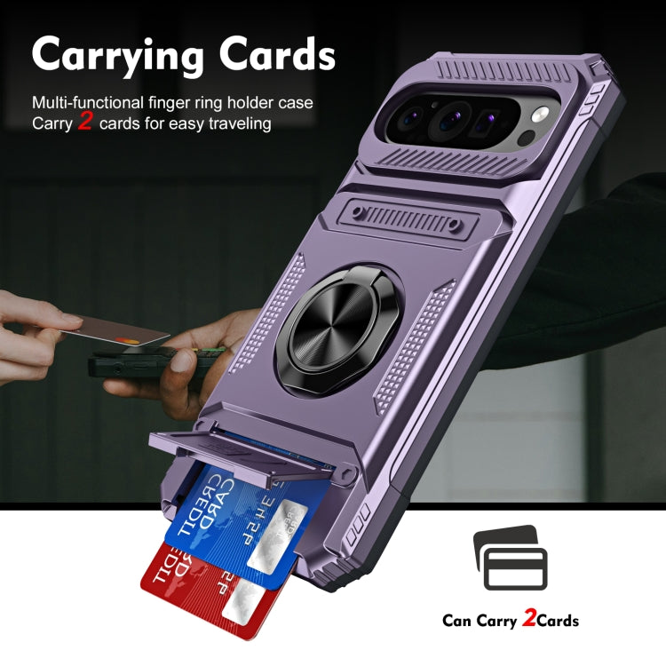 For Google Pixel 9 Pro XL TPU Hybrid PC Shockproof Card Phone Case with Metal Ring Holder(Purple) by buy2fix