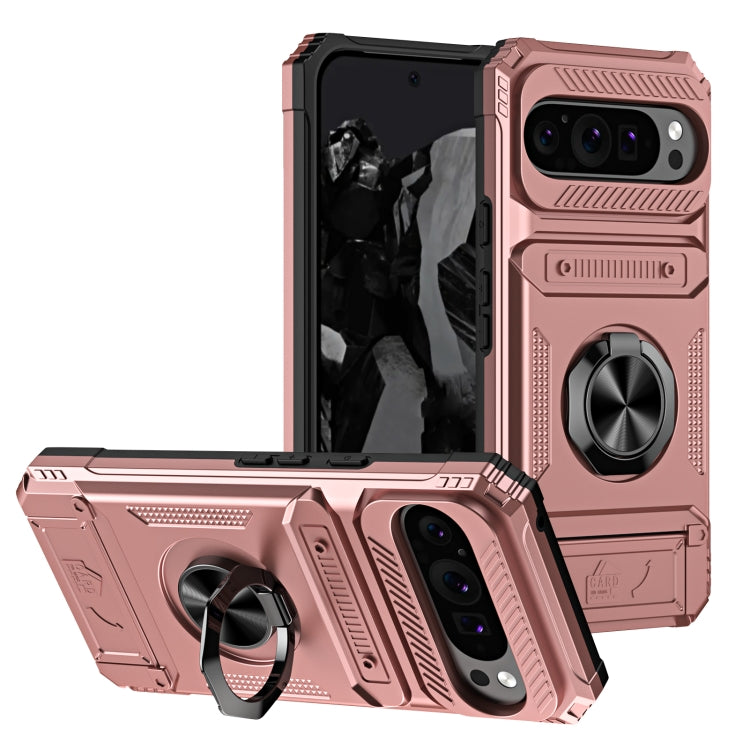 For Google Pixel 9 Pro XL TPU Hybrid PC Shockproof Card Phone Case with Metal Ring Holder(Rose Gold) by buy2fix