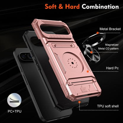 For Google Pixel 9 Pro XL TPU Hybrid PC Shockproof Card Phone Case with Metal Ring Holder(Rose Gold) by buy2fix