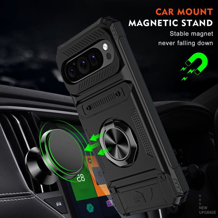 For Google Pixel 9 Pro XL TPU Hybrid PC Shockproof Card Phone Case with Metal Ring Holder(Black) by buy2fix