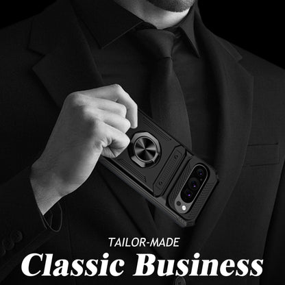 For Google Pixel 9 Pro XL TPU Hybrid PC Shockproof Card Phone Case with Metal Ring Holder(Black) by buy2fix