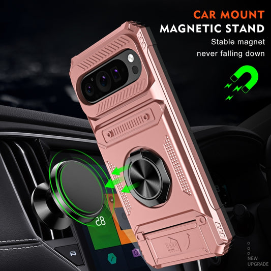 For Google Pixel 9 / 9 Pro TPU Hybrid PC Shockproof Card Phone Case with Metal Ring Holder(Rose Gold) by buy2fix