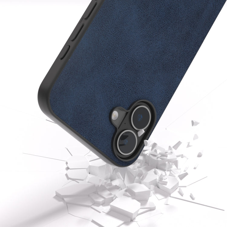 For iPhone 16 Plus Black Frame Two-color Calf Texture PU Phone Case(Blue) - iPhone 16 Plus Cases by buy2fix | Online Shopping UK | buy2fix