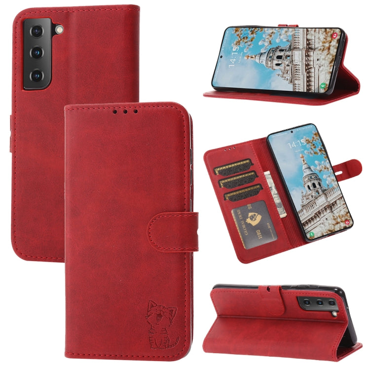 For Samsung Galaxy S25 5G Embossed Happy Cat Pattern Flip Leather Phone Case(Red) by buy2fix