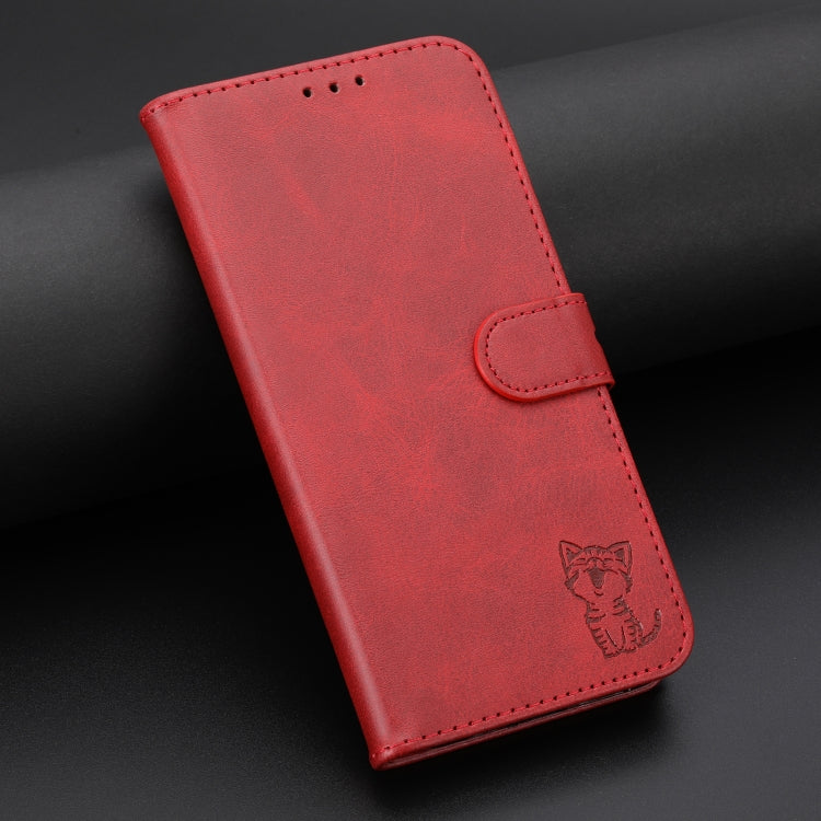 For Samsung Galaxy S25 5G Embossed Happy Cat Pattern Flip Leather Phone Case(Red) by buy2fix