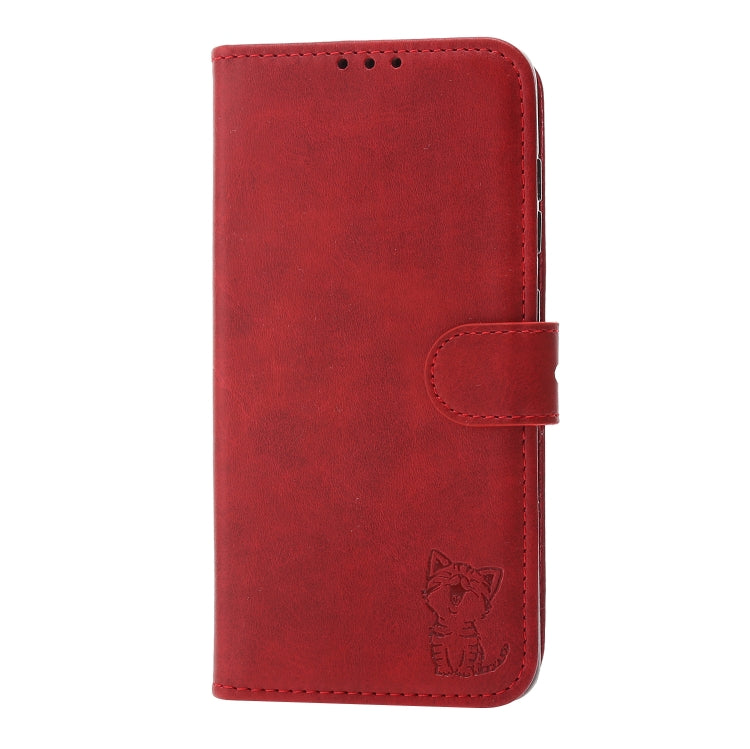 For Samsung Galaxy S25 5G Embossed Happy Cat Pattern Flip Leather Phone Case(Red) by buy2fix