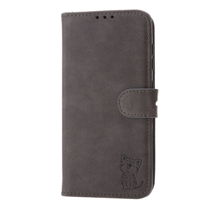 For Samsung Galaxy S25+ 5G Embossed Happy Cat Pattern Flip Leather Phone Case(Grey) by buy2fix