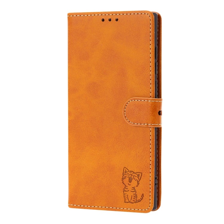 For Samsung Galaxy S25 Ultra 5G Embossed Happy Cat Pattern Flip Leather Phone Case(Yellow) by buy2fix