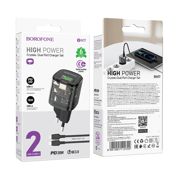 BOROFONE BN17 PD20W USB, Type-C Charger with 1m Type-C to 8 Pin Cable Set, Plug Type:EU Plug(Black) - USB Charger by Borofone | Online Shopping UK | buy2fix