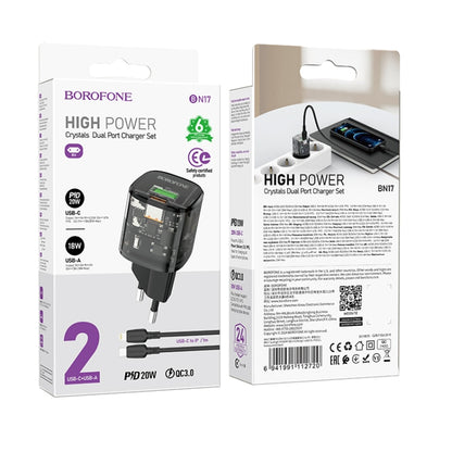 BOROFONE BN17 PD20W USB, Type-C Charger with 1m Type-C to 8 Pin Cable Set, Plug Type:EU Plug(Black) - USB Charger by Borofone | Online Shopping UK | buy2fix