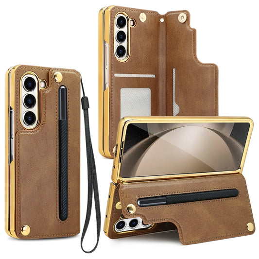 For Samsung Galaxy Z Fold5 VIETAO Film Integrated Folding Holder Flip PU Phone Case(Brown) - Galaxy Z Fold5 Cases by VIETAO | Online Shopping UK | buy2fix
