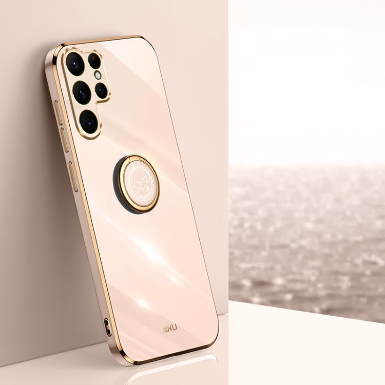 For Samsung Galaxy S25 Ultra 5G XINLI Straight Edge 6D Electroplate TPU Phone Case with Ring Holder(Pink) by XINLI