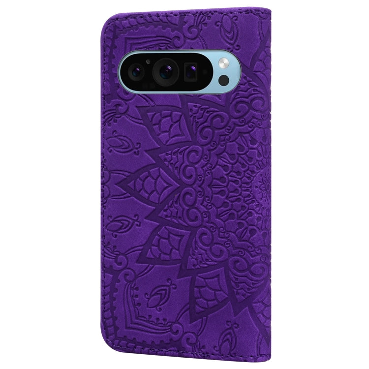 For Google Pixel 9 Pro XL Mandala Embossed Dual-Fold Calf Leather Phone Case(Purple) - Google Cases by buy2fix | Online Shopping UK | buy2fix