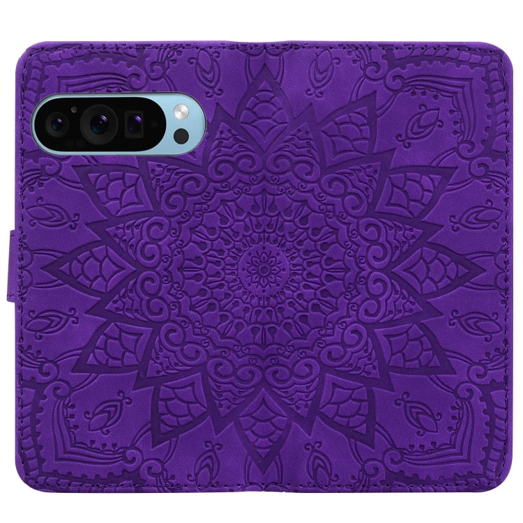 For Google Pixel 9 Pro XL Mandala Embossed Dual-Fold Calf Leather Phone Case(Purple) - Google Cases by buy2fix | Online Shopping UK | buy2fix