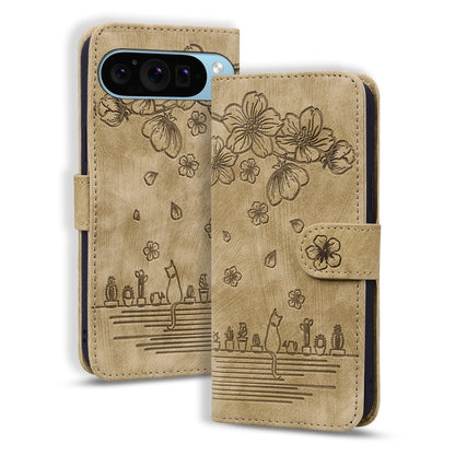 For Google Pixel 10 / 9 / 9 Pro Cartoon Sakura Cat Embossed Leather Phone Case(Brown) by buy2fix