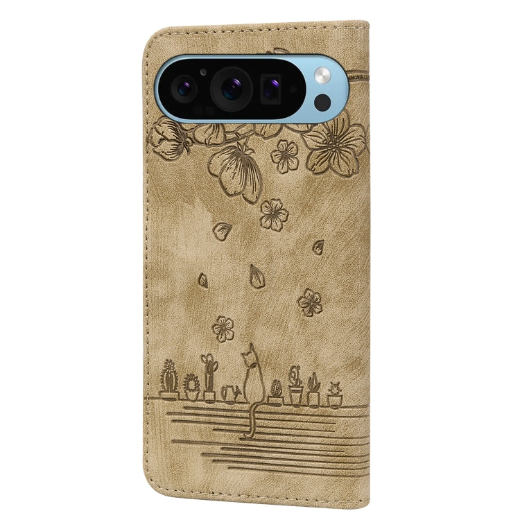 For Google Pixel 10 / 9 / 9 Pro Cartoon Sakura Cat Embossed Leather Phone Case(Brown) by buy2fix