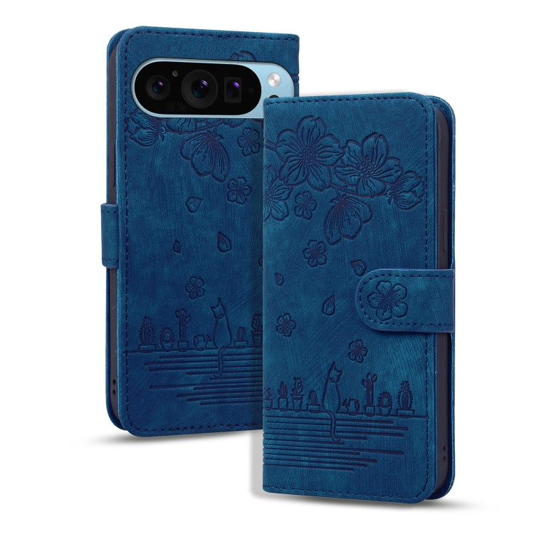 For Google Pixel 9 / 9 Pro Cartoon Sakura Cat Embossed Leather Phone Case(Blue) - Google Cases by buy2fix | Online Shopping UK | buy2fix