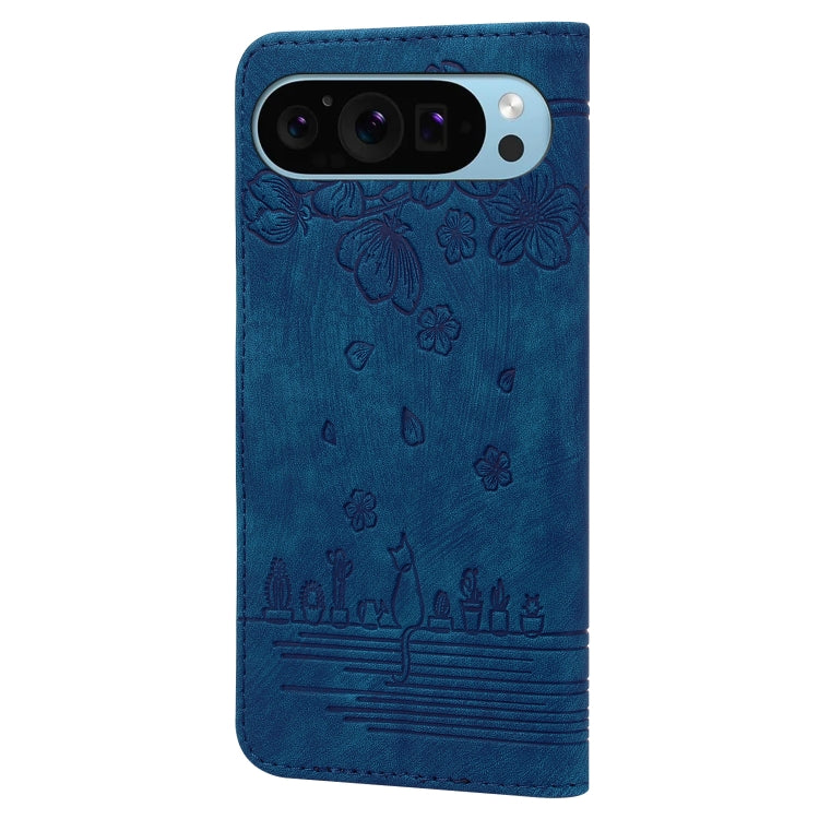 For Google Pixel 9 / 9 Pro Cartoon Sakura Cat Embossed Leather Phone Case(Blue) - Google Cases by buy2fix | Online Shopping UK | buy2fix