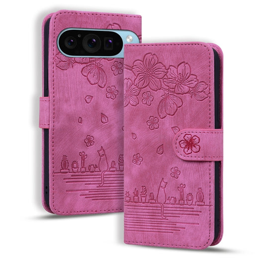 For Google Pixel 10 / 9 / 9 Pro Cartoon Sakura Cat Embossed Leather Phone Case(Rose Red) by buy2fix