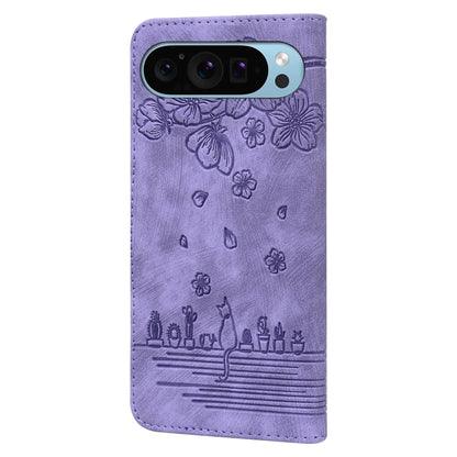 For Google Pixel 9 / 9 Pro Cartoon Sakura Cat Embossed Leather Phone Case(Purple) - Google Cases by buy2fix | Online Shopping UK | buy2fix