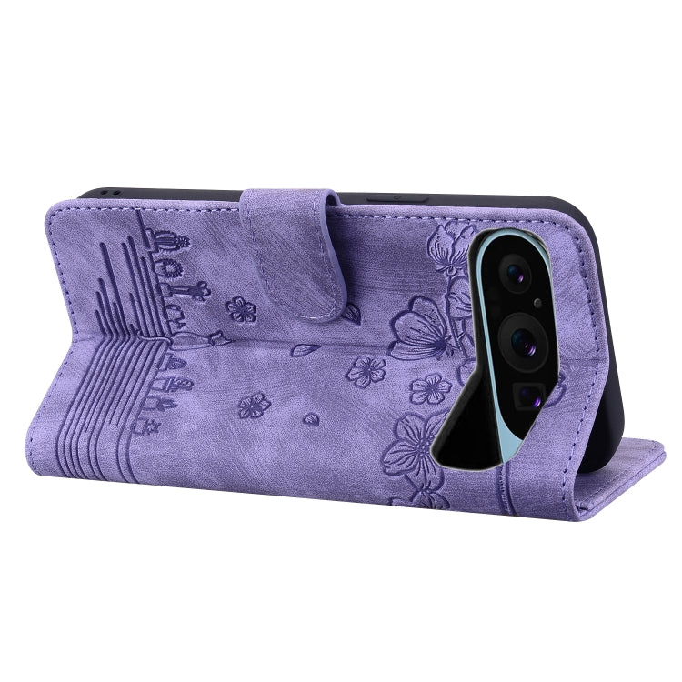 For Google Pixel 9 / 9 Pro Cartoon Sakura Cat Embossed Leather Phone Case(Purple) - Google Cases by buy2fix | Online Shopping UK | buy2fix