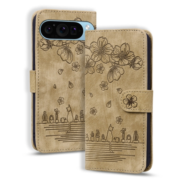 For Google Pixel 9 Pro XL Cartoon Sakura Cat Embossed Leather Phone Case(Brown) - Google Cases by buy2fix | Online Shopping UK | buy2fix