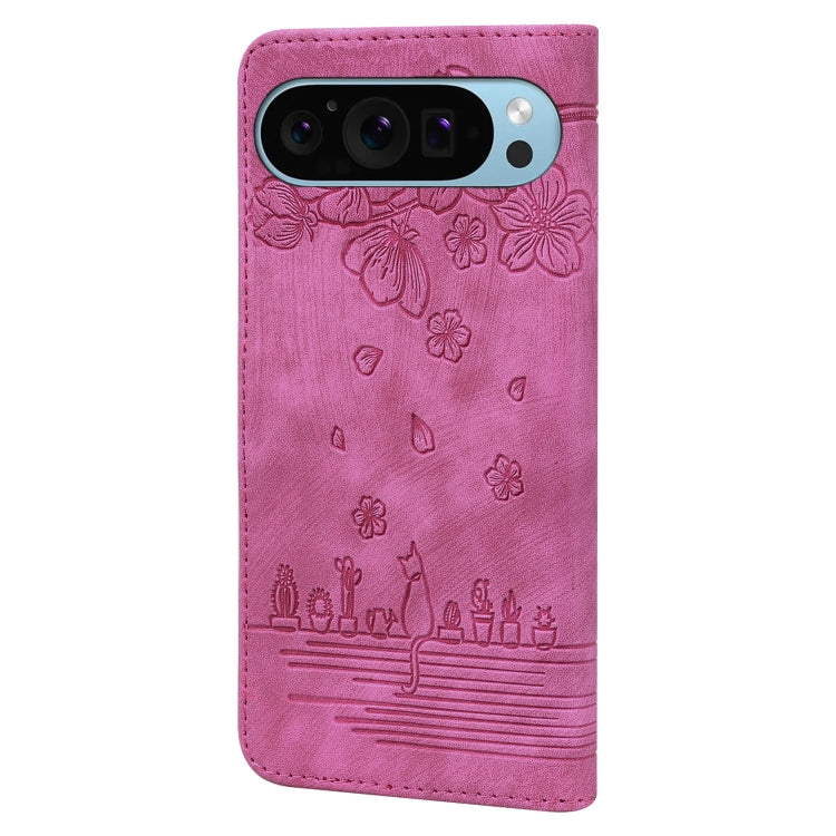 For Google Pixel 9 Pro XL Cartoon Sakura Cat Embossed Leather Phone Case(Rose Red) - Google Cases by buy2fix | Online Shopping UK | buy2fix