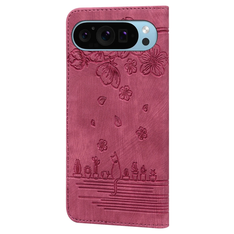 For Google Pixel 9 Pro XL Cartoon Sakura Cat Embossed Leather Phone Case(Red) - Google Cases by buy2fix | Online Shopping UK | buy2fix