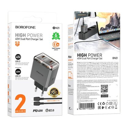 BOROFONE BN21 PD 40W 2 Type-C Charger with 1m Type-C to Type-C Cable Set, For:EU Plug(Tarnish) - USB Charger by Borofone | Online Shopping UK | buy2fix