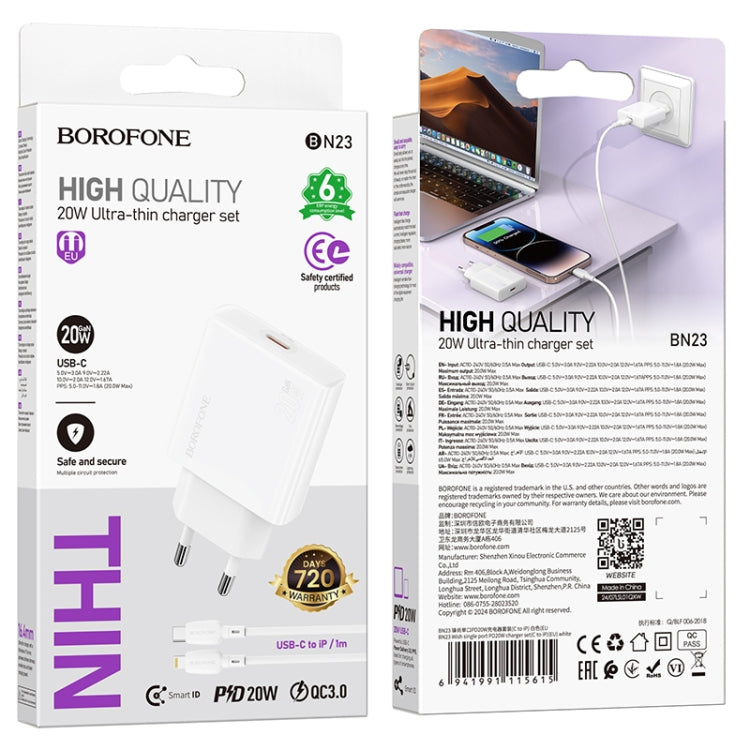 BOROFONE BN23 PD 20W Type-C Charger with 1m Type-C to 8 Pin Cable Set, Plug Type:EU Plug(White) - USB Charger by Borofone | Online Shopping UK | buy2fix