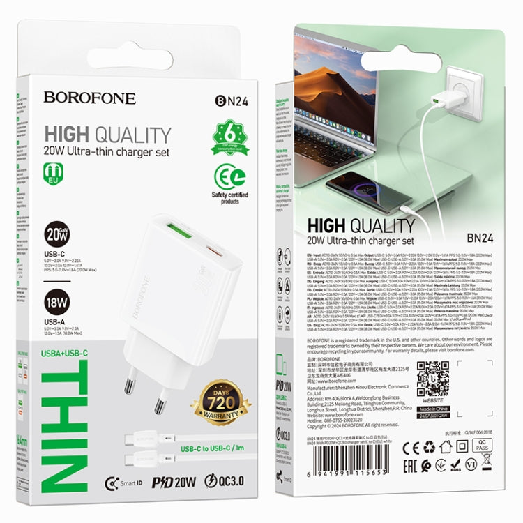 BOROFONE BN24 PD 20W USB, Type-C Charger with 1m Type-C to Type-C Cable Set, Plug Type:EU Plug(White) - USB Charger by Borofone | Online Shopping UK | buy2fix
