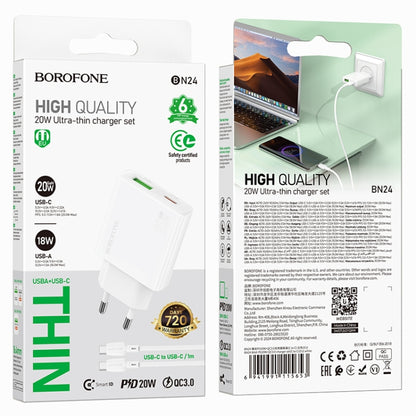 BOROFONE BN24 PD 20W USB, Type-C Charger with 1m Type-C to Type-C Cable Set, Plug Type:EU Plug(White) - USB Charger by Borofone | Online Shopping UK | buy2fix