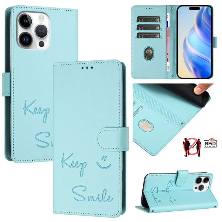 For iPhone 16 Pro Max Smile Embossing RFID Leather Phone Case(Mint Green) - iPhone 16 Pro Max Cases by buy2fix | Online Shopping UK | buy2fix