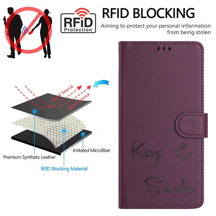 For iPhone 16 Pro Smile Embossing RFID Leather Phone Case(Violet) - iPhone 16 Pro Cases by buy2fix | Online Shopping UK | buy2fix