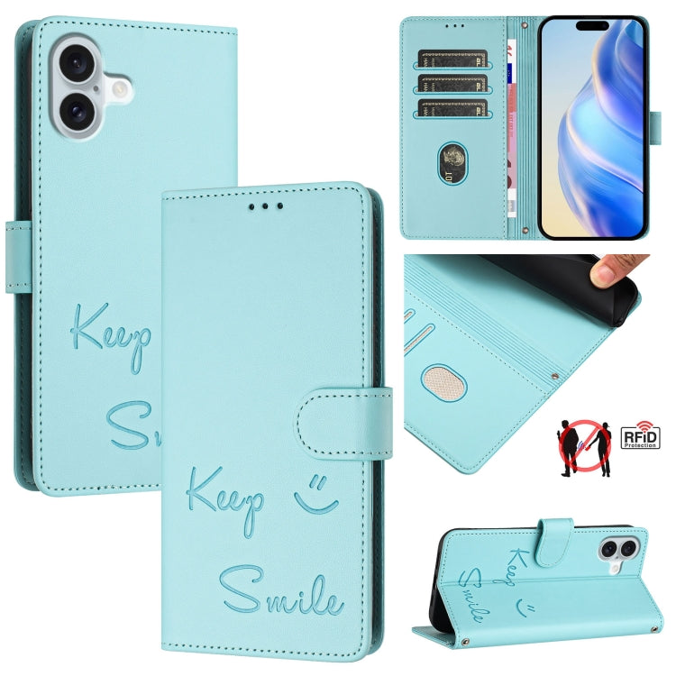 For iPhone 16 Plus Smile Embossing RFID Leather Phone Case(Mint Green) by buy2fix