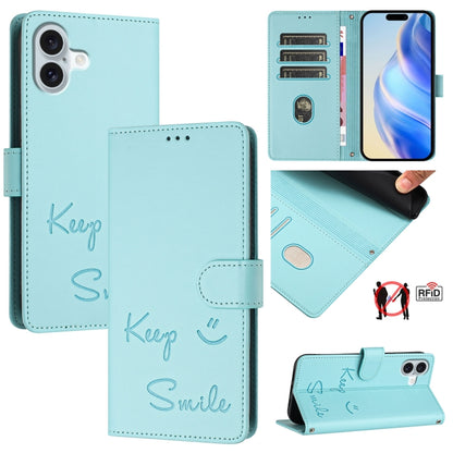For iPhone 16 Plus Smile Embossing RFID Leather Phone Case(Mint Green) by buy2fix