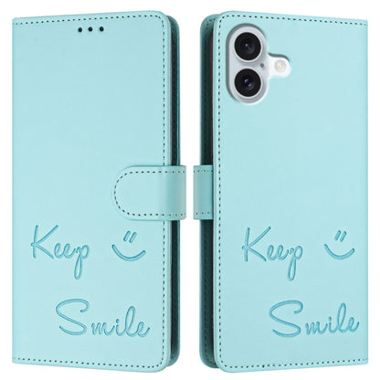 For iPhone 16 Plus Smile Embossing RFID Leather Phone Case(Mint Green) by buy2fix