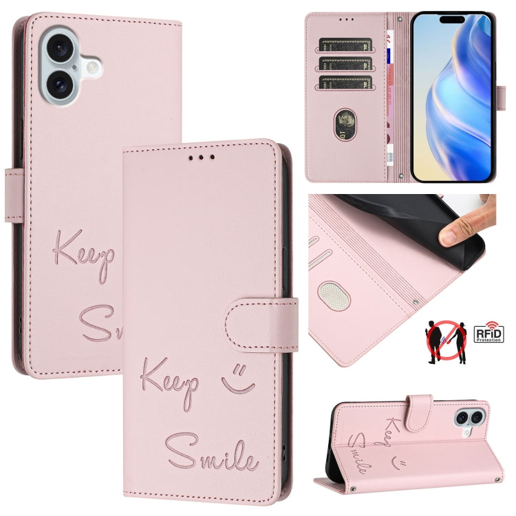 For iPhone 16 Plus Smile Embossing RFID Leather Phone Case(Pink) by buy2fix