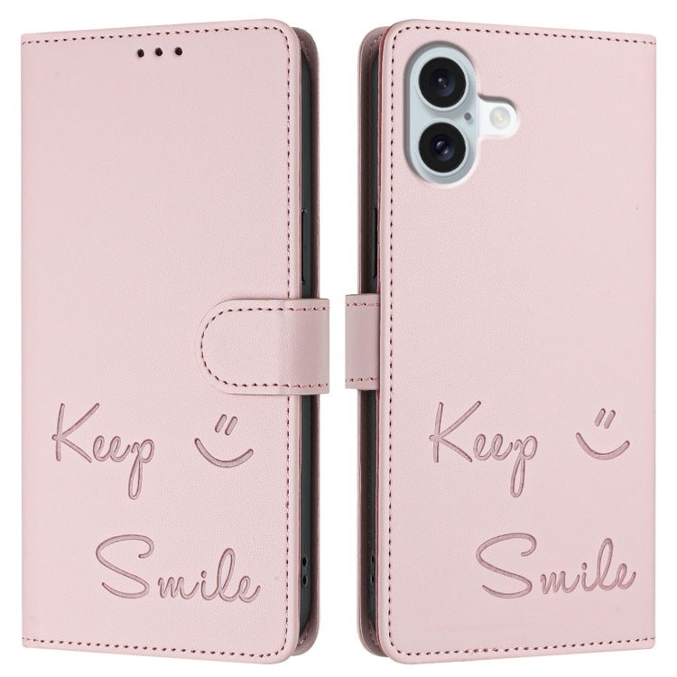 For iPhone 16 Plus Smile Embossing RFID Leather Phone Case(Pink) by buy2fix