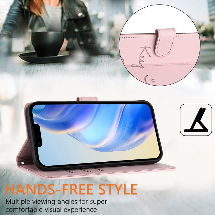 For iPhone 16 Plus Smile Embossing RFID Leather Phone Case(Pink) by buy2fix