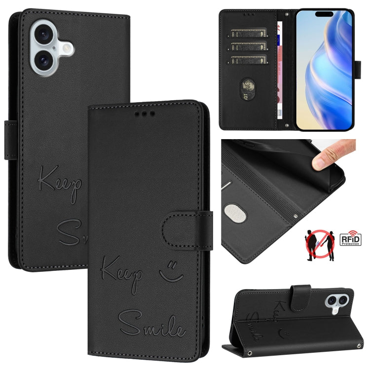 For iPhone 16 Plus Smile Embossing RFID Leather Phone Case(Black) by buy2fix