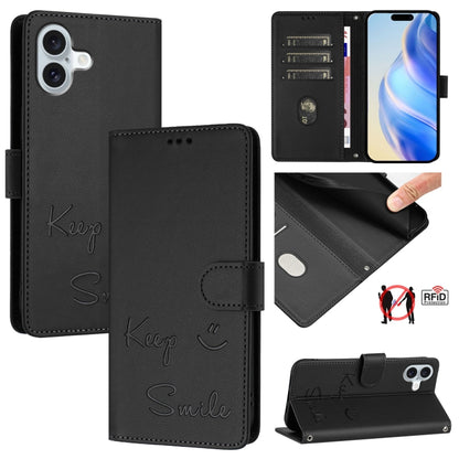 For iPhone 16 Plus Smile Embossing RFID Leather Phone Case(Black) by buy2fix
