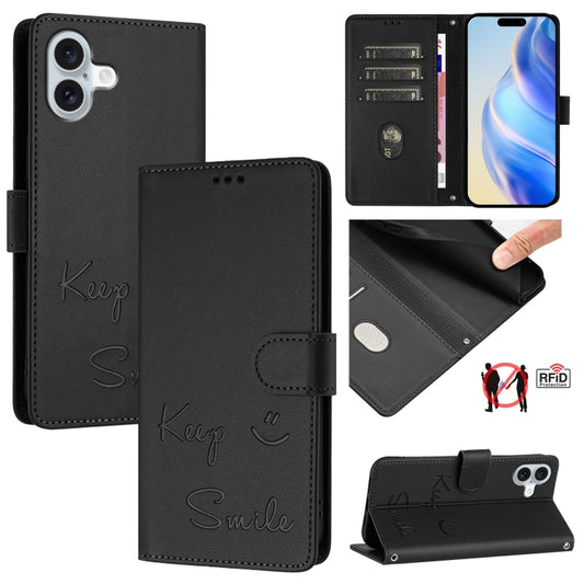 For iPhone 16 Plus Smile Embossing RFID Leather Phone Case(Black) by buy2fix