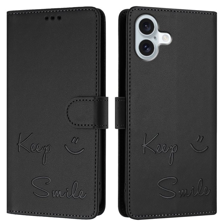 For iPhone 16 Plus Smile Embossing RFID Leather Phone Case(Black) by buy2fix
