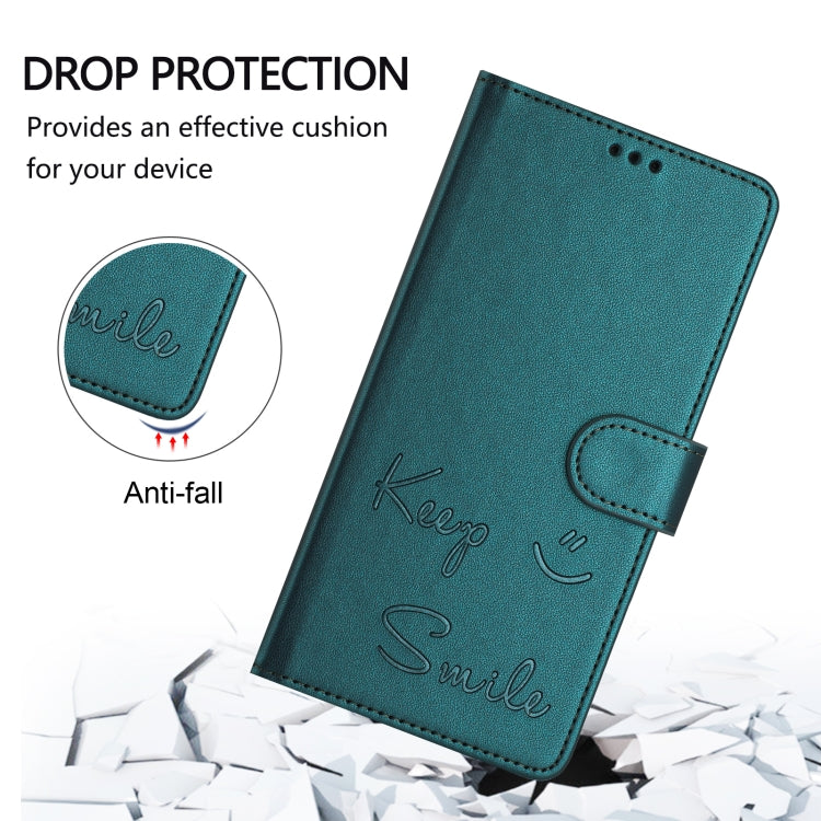 For iPhone 16 Plus Smile Embossing RFID Leather Phone Case(Peacock Green) - iPhone 16 Plus Cases by buy2fix | Online Shopping UK | buy2fix