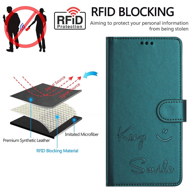 For iPhone 16 Plus Smile Embossing RFID Leather Phone Case(Peacock Green) - iPhone 16 Plus Cases by buy2fix | Online Shopping UK | buy2fix