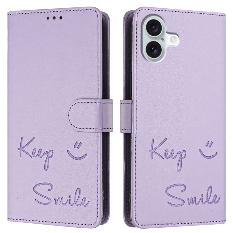 For iPhone 16 Plus Smile Embossing RFID Leather Phone Case(Light Purple) by buy2fix