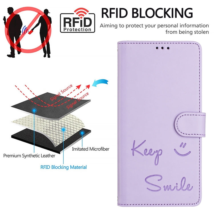 For iPhone 16 Plus Smile Embossing RFID Leather Phone Case(Light Purple) by buy2fix